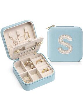 Blue Travel Jewelry Box Small Organizer Case Ring Earring Necklace Storage Case